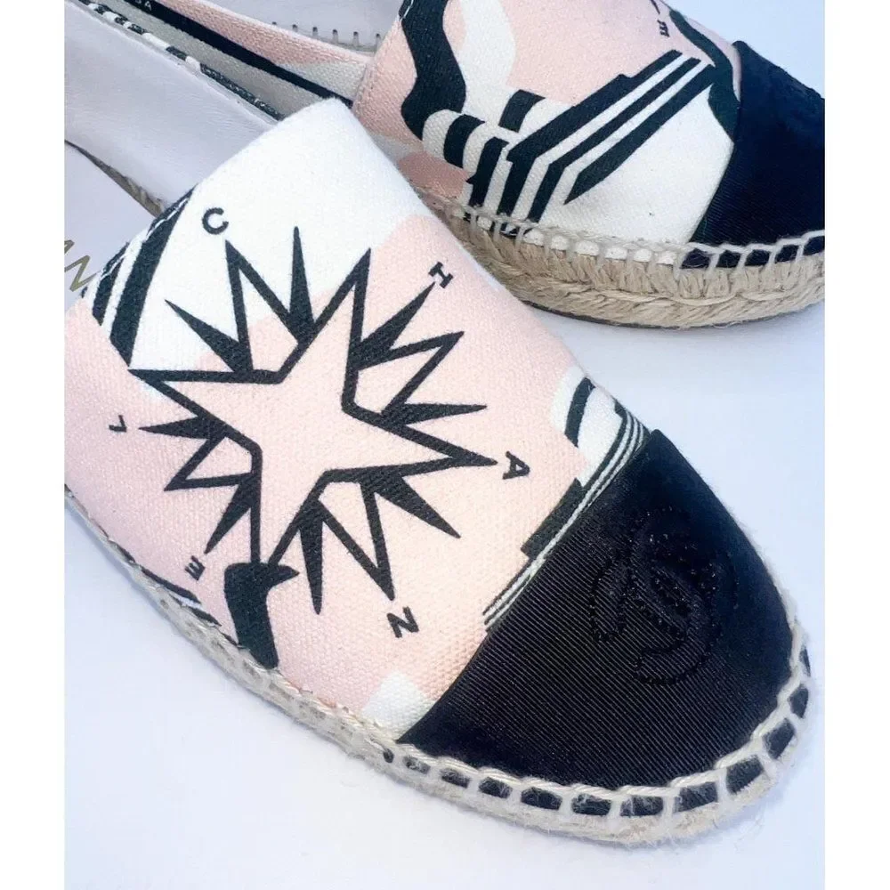 CHANEL La Pausa Ecru Star Print Canvas Cap Toe CC Logo Espadrilles Size …